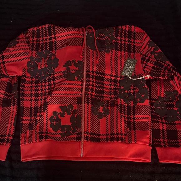 Denim Tears Red and Black Plaid Hoodie with Floral Design